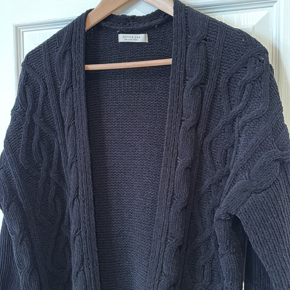 Black Chenille Cable Knit Cardigan